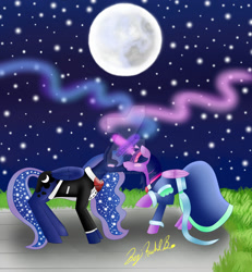 Size: 1024x1107 | Tagged: safe, artist:littlewashu45, princess luna, twilight sparkle, twilight sparkle (alicorn), alicorn, pony, clothes, duo, ethereal mane, female, full moon, glowing horn, horns are touching, lesbian, moon, shipping, starry mane, stars, twiluna, watermark