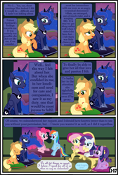 Size: 3255x4838 | Tagged: safe, artist:gutovi, applejack, fluttershy, pinkie pie, princess luna, rainbow dash, rarity, twilight sparkle, twilight sparkle (alicorn), alicorn, earth pony, pegasus, pony, unicorn, comic:why me!?, bed, blushing, broken window, comic, cushion, mane six, mare in the moon, moon, sofa