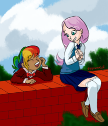 Size: 2000x2312 | Tagged: safe, artist:eggsammich, fluttershy, rainbow dash, clothes, humanized, school uniform, schoolgirl