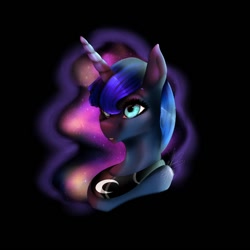 Size: 1024x1024 | Tagged: safe, artist:melodyboundless, princess luna, alicorn, pony, black background, bust, ethereal mane, female, galaxy mane, mare, open mouth, portrait, signature, simple background, solo, starry mane