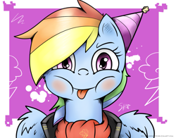 Size: 1285x1010 | Tagged: safe, artist:silverhopexiii, derpibooru import, rainbow dash, pegasus, pony, clothes, hat, looking at you, party hat, puffy cheeks, scarf, solo, tongue out