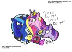 Size: 1024x734 | Tagged: safe, artist:artistnjc, princess cadance, princess luna, twilight sparkle, twilight sparkle (alicorn), alicorn, pony, crossover, dialogue, disgusted, hand, magic, magic hands, shadow the hedgehog, simple background, sonic the hedgehog (series), super best friends play, traditional art, two best friends play, two best sisters play, video game