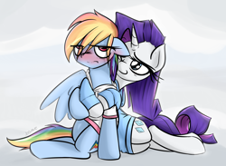 Size: 2638x1930 | Tagged: safe, artist:jetwave, derpibooru import, rainbow dash, rarity, pegasus, pony, unicorn, blushing, clothes, female, hoodie, hug, lesbian, raridash, shipping, spa robe