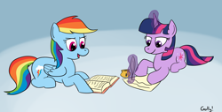 Size: 1642x835 | Tagged: safe, artist:rapidstrike, rainbow dash, twilight sparkle, pegasus, pony, duo, reading, studying