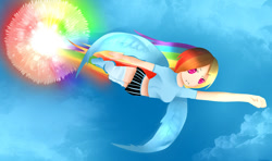 Size: 1024x606 | Tagged: safe, artist:f-l-u-t-t-e-r-shy, rainbow dash, flying, humanized, solo, sonic rainboom, winged humanization