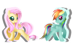 Size: 400x231 | Tagged: safe, artist:f-l-u-t-t-e-r-shy, fluttershy, rainbow dash, pegasus, pony, blue coat, female, mare, multicolored mane, pink mane, wings, yellow coat