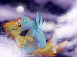 Size: 700x512 | Tagged: safe, artist:cat4lyst, artist:coyoterainbow, rainbow dash, spitfire, pegasus, pony, blushing, duo, female, kissing, lesbian, mare, moon, night, shipping, spitdash