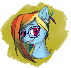 Size: 900x855 | Tagged: safe, artist:dustysculptures, derpibooru import, rainbow dash, pegasus, pony, earring, hipster, hipster glasses, piercing, sharp teeth, solo