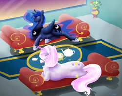 Size: 2800x2200 | Tagged: safe, artist:kalimoo-art, fleur-de-lis, princess luna, alicorn, pony, commission, eyes closed, food, glowing horn, lounging, magic, signature, tea, telekinesis