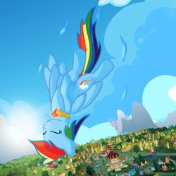 Size: 895x893 | Tagged: dead source, safe, artist:zediskein, rainbow dash, pegasus, pony, element of harmony, falling, flying, ponyville, solo, vertigo