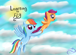 Size: 800x582 | Tagged: safe, artist:poisonicpen, rainbow dash, scootaloo, pegasus, pony, flying lesson, scootalove