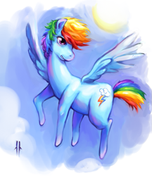 Size: 559x646 | Tagged: safe, artist:corpsecrow, rainbow dash, pegasus, pony, flying, solo, sun