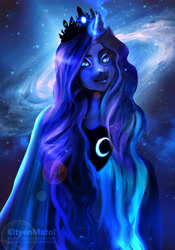 Size: 2189x3132 | Tagged: safe, artist:kityenmatoi, princess luna, alicorn, anthro, female, galaxy, horn, looking at you, solo, stars