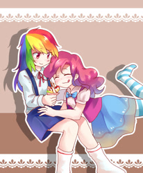 Size: 1494x1810 | Tagged: safe, artist:r-1629, derpibooru import, pinkie pie, rainbow dash, human, clothes, humanized, missing shoes, pixiv, socks, striped socks