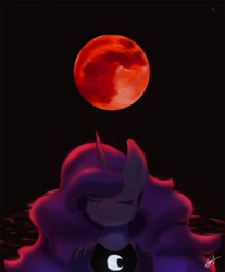 Size: 814x982 | Tagged: safe, artist:sanzols, princess luna, alicorn, pony, black background, blood moon, eclipse, eyes closed, female, lunar eclipse, mare, moon, signature