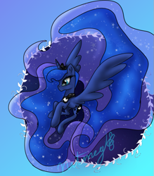 Size: 551x629 | Tagged: safe, artist:nutmeg04, princess luna, alicorn, pony, cute, female, mare, signature, solo, spread wings, wings