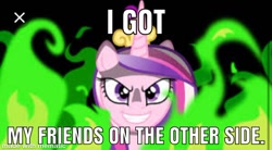 Size: 750x413 | Tagged: safe, edit, edited screencap, screencap, princess cadance, queen chrysalis, alicorn, changeling, changeling queen, pony, caption, evil grin, fire, grin, image macro, mematic.net, needs more jpeg, smiling, solo, text, the princess and the frog