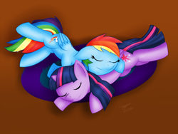 Size: 4000x3000 | Tagged: safe, artist:icy wings, rainbow dash, twilight sparkle, pegasus, pony, female, lesbian, rug, shipping, sleeping, snuggling, twidash