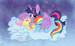 Size: 2504x1556 | Tagged: safe, artist:daisy-dictator, fluttershy, rainbow dash, twilight sparkle, twilight sparkle (alicorn), alicorn, pegasus, pony, female, flutterdash, flutterdashlight, hug, lesbian, mare, shipping, sleeping, snuggling, twidash, twishy, winghug