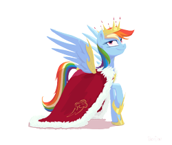 Size: 1600x1350 | Tagged: safe, artist:kaermter, rainbow dash, pegasus, pony, clothes, crown, female, hooves, jewelry, lineless, mare, queen, raised hoof, regalia, simple background, solo, spread wings, transparent background, wings