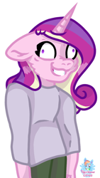 Size: 646x1144 | Tagged: safe, artist:rainbow eevee, princess cadance, anthro, clothes, female, gym clothes, meme, simple background, smiling, solo, what has science done, white background