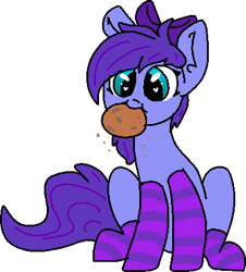 Size: 390x432 | Tagged: safe, artist:nootaz, oc, oc only, oc:seafood dinner, earth pony, pony, bow, clothes, commission, cookie, eating, female, food, hair bow, heart eyes, mare, mouth hold, simple background, socks, striped socks, transparent background, wingding eyes