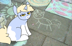 Size: 640x410 | Tagged: safe, artist:nootaz, oc, oc only, oc:nootaz, unicorn, chalk drawing, female, irl, mare, photo, ponies in real life, ponified animal photo, socks (coat marking), solo, stick figure, stickmare