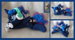 Size: 1229x650 | Tagged: safe, artist:binidi, artist:buttercupbabyppg, princess luna, alicorn, beanie (plushie), beautiful, controller, cute, female, galacon, galacon 2018, gamer luna, headphones, irl, lying down, mare, photo, plushie, ponytail