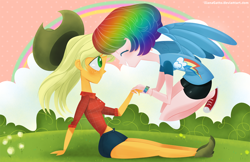 Size: 1024x663 | Tagged: safe, artist:ilianagatto, derpibooru import, applejack, rainbow dash, human, alternate hairstyle, appledash, blushing, clothes, converse, female, humanized, lesbian, shipping, shoes