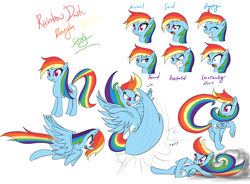 Size: 3465x2550 | Tagged: safe, artist:reikomuffin, rainbow dash, pegasus, pony, blue coat, expressions, female, mare, multicolored mane, sketch dump, solo