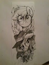 Size: 1536x2048 | Tagged: safe, artist:mirtash, derpibooru import, rainbow dash, rarity, pegasus, pony, unicorn, rarity investigates, bust, detective rarity, frown, hat, monochrome, paper, portrait, rcf community, traditional art