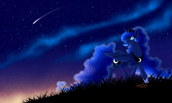 Size: 2500x1500 | Tagged: source needed, safe, artist:striped-chocolate, princess luna, alicorn, pony, ethereal mane, female, mare, night, rcf community, shooting star, solo, starry mane