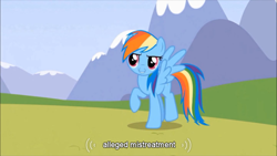 Size: 640x360 | Tagged: safe, screencap, rainbow dash, pegasus, pony, blue coat, female, mare, multicolored mane, solo, youtube caption