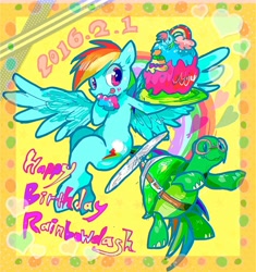 Size: 600x637 | Tagged: safe, artist:osawari64, derpibooru import, rainbow dash, tank, pegasus, pony, birthday, cake, food, tongue out