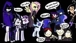 Size: 1684x954 | Tagged: safe, artist:dan232323, fluttershy, moonlight raven, princess luna, snow hope, alicorn, pegasus, pony, crossover, danny phantom, fluttergoth, gaz membrane, goth, invader zim, raven (teen titans), sam manson, south park