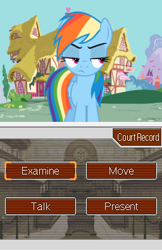 Size: 256x394 | Tagged: safe, rainbow dash, pegasus, pony, ace attorney, cropped, crossover, investigation, ponyville