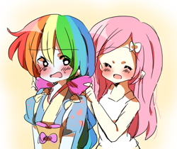 Size: 600x503 | Tagged: safe, artist:lotte, derpibooru import, fluttershy, rainbow dash, equestria girls, blushing, bow, clothes, duo, hair bow, humanized, kimono (clothing), model, modeling, open mouth, pony coloring, rainbow dash always dresses in style, smiling, tasuki