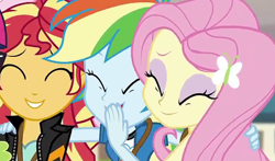 Size: 532x312 | Tagged: safe, derpibooru import, screencap, fluttershy, rainbow dash, sunset shimmer, equestria girls, friendship games, cropped, eyes closed, laughingmares.jpg