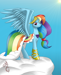 Size: 1024x1274 | Tagged: safe, artist:abbiegoth, rainbow dash, pegasus, pony, clothes, cloud, dress, gala dress, solo