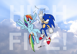 Size: 4300x3000 | Tagged: safe, artist:redapropos, derpibooru import, rainbow dash, pegasus, pony, cloud, crossover, high five, sonic the hedgehog, sonic the hedgehog (series)