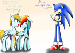 Size: 2700x1900 | Tagged: safe, artist:mikukawaine, derpibooru import, rainbow dash, oc, oc:dikinson, alicorn, pegasus, pony, alicorn oc, crossover, russian, sonic the hedgehog, sonic the hedgehog (series)