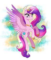 Size: 1094x1296 | Tagged: safe, artist:tiffanymarsou, princess cadance, alicorn, pony, curved horn, female, flying, horn, jewelry, mare, regalia, smiling, solo