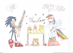 Size: 2338x1700 | Tagged: safe, artist:milesderpy, rainbow dash, pegasus, pony, bandana, beer stein, belt, bipedal, boots, crossover, destiny manifesto, gun, ham, muffin, rifle, sheriff, sonic the hedgehog, sonic the hedgehog (series), standing, table, vulgar