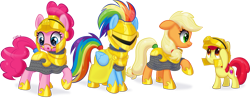 Size: 1799x715 | Tagged: safe, artist:ctb-36, derpibooru import, apple bloom, applejack, pinkie pie, rainbow dash, earth pony, pegasus, pony, adorabloom, armor, cute, cutie mark, equestria prevails, simple background, the cmc's cutie marks, transparent background