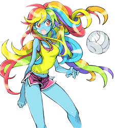 Size: 824x906 | Tagged: safe, artist:memoneo, rainbow dash, balloon, belly button, humanized, long hair, midriff, pixiv, pony coloring, solo, volleyball