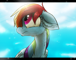 Size: 1040x820 | Tagged: safe, artist:the--cloudsmasher, rainbow dash, pegasus, pony, cloud, cloudy, floppy ears, fluffy, frown, looking up, sky, solo, sun, sun glare