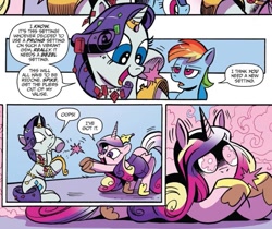 Size: 819x688 | Tagged: safe, artist:andypriceart, idw, princess cadance, rainbow dash, rarity, alicorn, pegasus, pony, unicorn, spoiler:comic, spoiler:comic77, big crown thingy, comic, female, hoof shoes, implied spike, jewelry, mare, official comic, regalia, speech bubble