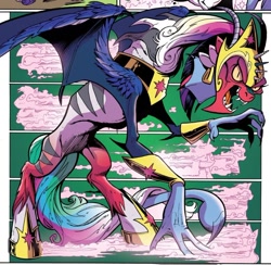 Size: 838x819 | Tagged: safe, artist:andypriceart, idw, big macintosh, cosmos (character), princess cadance, princess celestia, princess luna, twilight sparkle, twilight sparkle (alicorn), zecora, alicorn, draconequus, spoiler:comic, spoiler:comic77, abomination, antagonist, bracer, cosmageddon, ear piercing, earring, female, fusion, green background, helmet, hoof shoes, hybrid wings, jewelry, monster, nightmare fuel, official comic, peytral, piercing, simple background, solo, spread wings, stinger, transformation, what has magic done, wing claws, wings