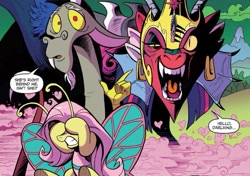 Size: 851x599 | Tagged: safe, artist:andypriceart, idw, big macintosh, cosmos (character), discord, fluttershy, princess cadance, princess celestia, princess luna, twilight sparkle, zecora, draconequus, pony, spoiler:comic, spoiler:comic77, adorable distress, antennae, butterfly pony, butterfly wings, cosmageddon, covering eyes, creepy, cute, dialogue, discute, ear piercing, earring, fangs, female, helmet, jesus christ how horrifying, jewelry, male, mare, nightmare fuel, official comic, open mouth, piercing, scared, smoke, species swap, speech bubble, trio, underhoof