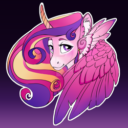 Size: 1280x1280 | Tagged: safe, artist:turnipberry, princess cadance, alicorn, pony, alternate design, bust, curved horn, deviantart watermark, ear feathers, folded wings, gradient background, heart eyes, horn, looking at you, obtrusive watermark, portrait, purple background, simple background, smiling, solo, watermark, wingding eyes, wings